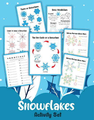 Image of a Snowflakes Activity Set from Wondermom Shop, featuring various educational worksheets such as 