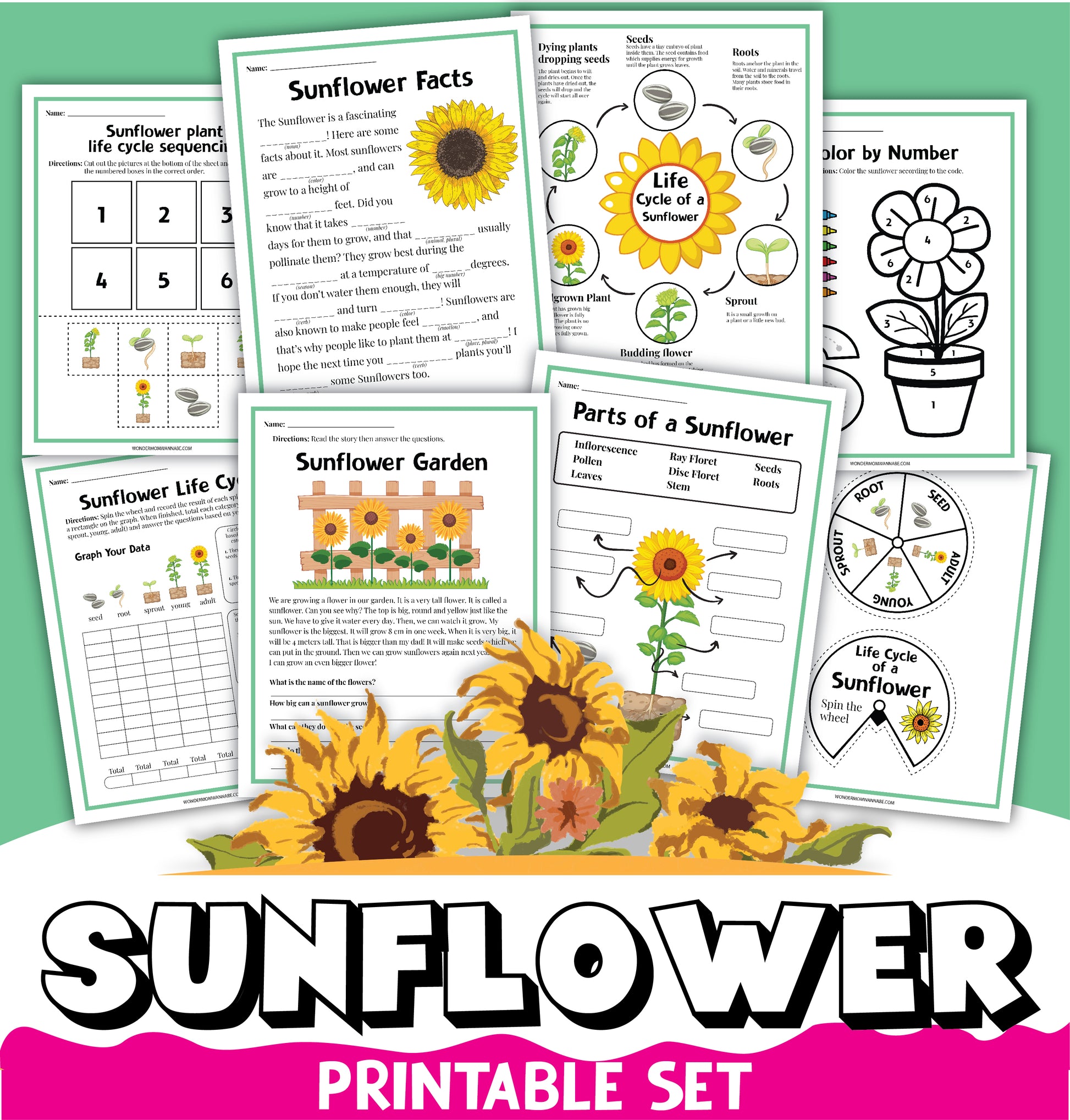 Image featuring educational sunflower printables from Wondermom Shop, including life cycle sequences, parts of a sunflower, growth chart, color by number, and more. Titled "Sunflower Activity Set," this comprehensive collection also highlights interesting Sunflower Facts to engage young learners and is adorned with delightful sunflower graphics.