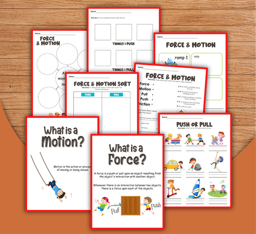 Collection of educational worksheets on force and motion for children, featuring interactive activities on pushing and pulling, definitions, and illustrations.