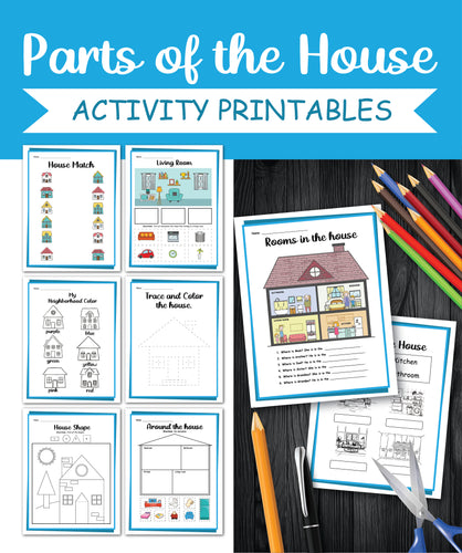 Introducing the Parts of the House Activity Set from Wondermom Shop, a comprehensive collection of worksheets designed to help learn about different rooms. This set includes engaging activities such as matching, coloring, tracing, and identifying various rooms and house shapes. It's ideal for those eager to explore the layout of a home. Pencils and scissors are conveniently nearby for all your crafting needs.