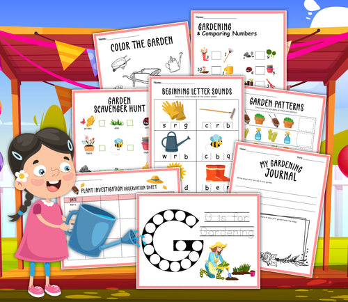 A girl waters plants in front of a display of educational gardening worksheets. The Garden Activity Set by Wondermom Shop includes activities like coloring, letter sounds, patterns, numbers, scavenger hunts, and journaling—perfect for young gardeners.