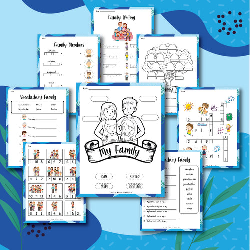 The Family Activity Set from Wondermom Shop features a collection of educational family-themed worksheets, including vocabulary exercises, family tree activities, writing practice, and family member identification tasks. These activities are presented on a blue backdrop with leaf patterns and are designed to strengthen family relationships through engaging educational experiences.