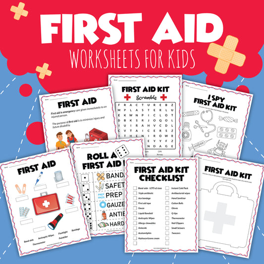 Image showcasing the "First Aid Activity Set" by Wondermom Shop, featuring seven worksheets filled with educational content. Activities include word scrambles, checklists, a roll-a-dice game, and I Spy, all thoughtfully designed to enhance first aid knowledge in a fun and engaging manner.