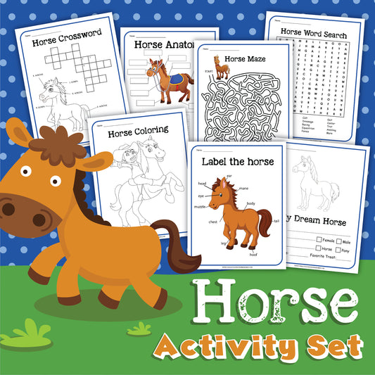 Image of a "Horse Activity Set" for young equestrians, available from Wondermom Shop, featuring various worksheets, including a crossword, maze, word search, coloring pages, anatomy labeling, and dream horse design on a blue polka-dot background.