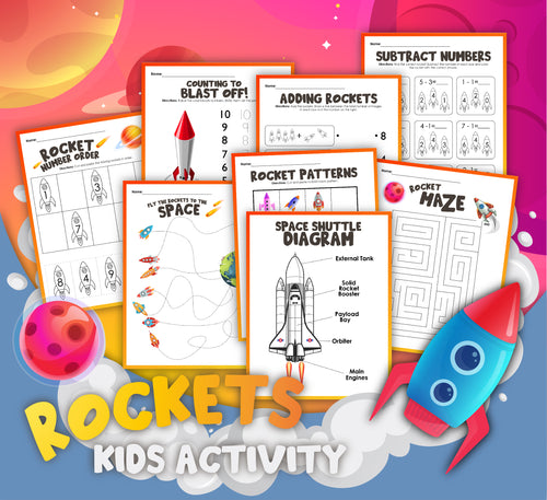 The Rocket Activity Set by Wondermom Shop is perfect for young aspiring astronauts. It features rocket-themed pages for counting, adding, subtracting numbers, identifying patterns, ordering, and a maze—all displayed on a colorful background with planets and a rocket. Enjoy fun educational activities with your little space explorers!