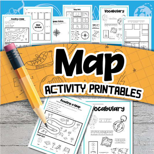 A collection of diverse map-related activity printables and vocabulary sheets, featuring a large pencil illustration and text reading "Map Skills Activity Set - Enhance Your Map Skills," from Wondermom Shop.
