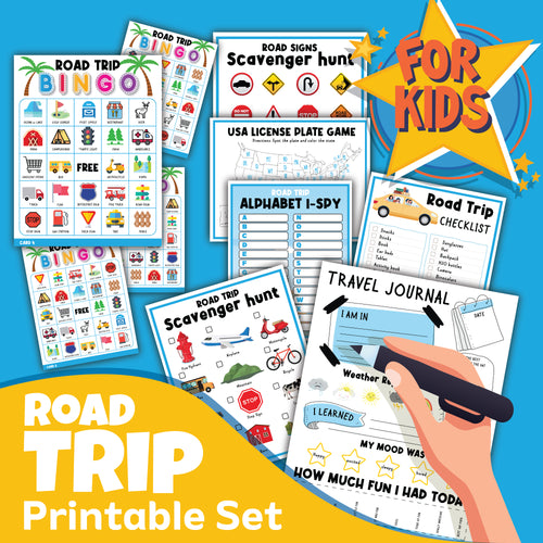 A vibrant Road Trip Activity Set for kids from Wondermom Shop lays out a blue background, featuring bingo, scavenger hunt cards, alphabet I-spy, the USA License Plate Game, a travel journal, and a handy checklist.