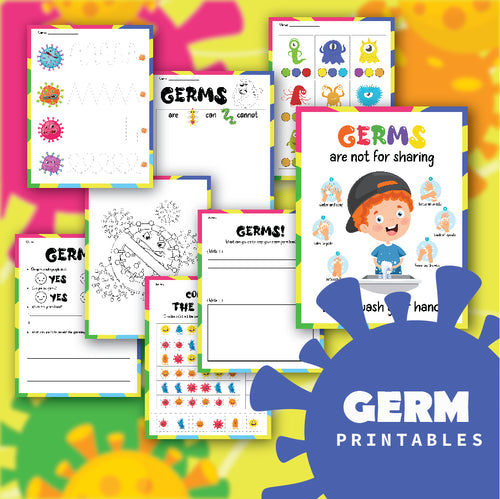 A vibrant Germs Activity Set by Wondermom Shop for children, featuring tracing, coloring, and educational exercises to promote hygiene and germ awareness.