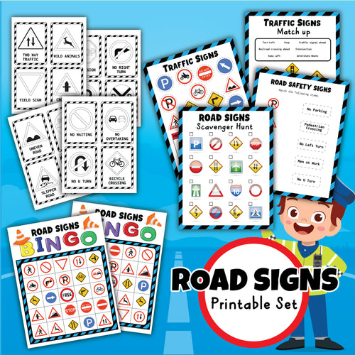 Introducing the Road Signs Activity Set by Wondermom Shop, a comprehensive collection of educational materials featuring traffic sign cards, bingo sheets, a scavenger hunt, and matching activities—all designed to teach road sign identification and traffic safety.