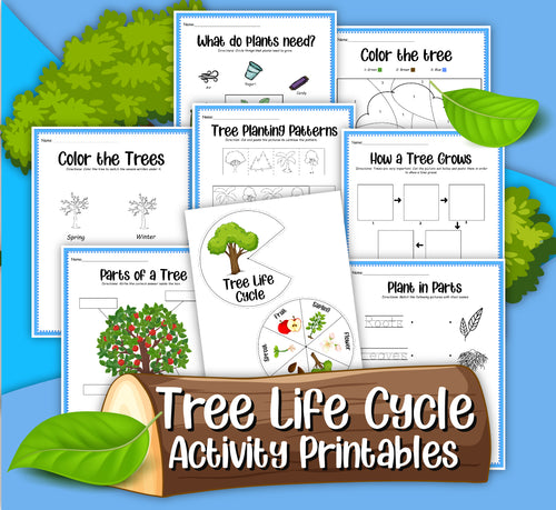 Discover the Life Cycle of a Tree Activity Set by Wondermom Shop, featuring a collection of printable worksheets for kids that include engaging activities on coloring, identifying parts of a tree, growth stages, and tree planting patterns.