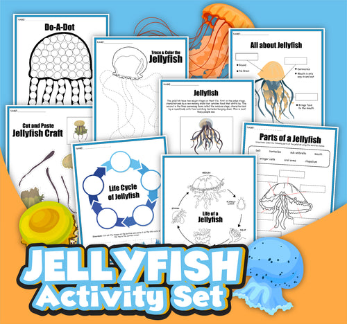 The Jellyfish Activity Set by Wondermom Shop includes educational worksheets on jellyfish anatomy, life cycle, tracing, coloring, and crafts, all presented on a colorful background with vibrant illustrations of jellyfish.