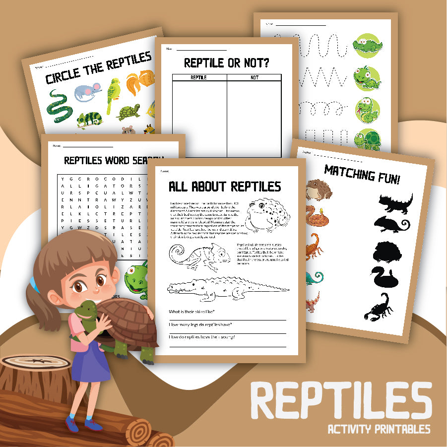 A young biologist holds a turtle beside reptile-themed printable activity sheets, featuring word searches, matching games, and informational content about reptiles. The text reads 