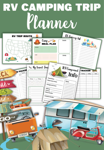 The Wondermom Shop RV Camping Activity Set is an all-in-one camping trip planner featuring various sheets for route planning, meal plans, grocery lists, travel journals, campground information, and trip tracking. This comprehensive set is beautifully illustrated with images of an RV, a tent, and directional signs.