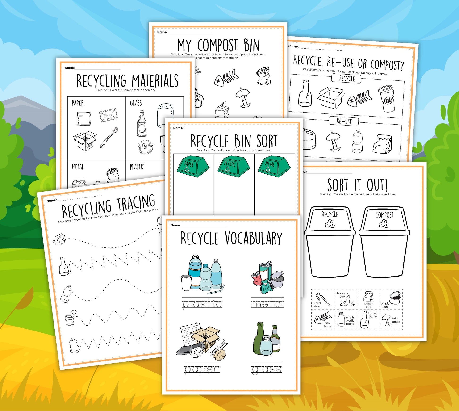 The Wondermom Shop's Recycling Activity Set is a collection of educational worksheets designed for young learners, featuring activities such as sorting, tracing, and vocabulary related to recyclable materials and compostable items. This activity pack promotes environmental responsibility.