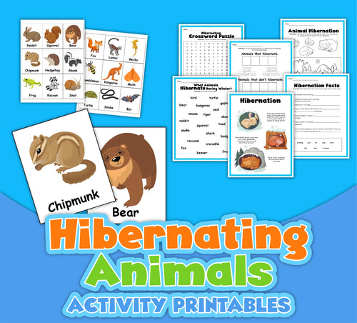 The Hibernation Activity Set by Wondermom Shop features illustrations, crossword puzzles, facts, and educational activities about animals like chipmunks and bears against a blue background. It also includes a Horse Maze to complement the fun learning experience.
