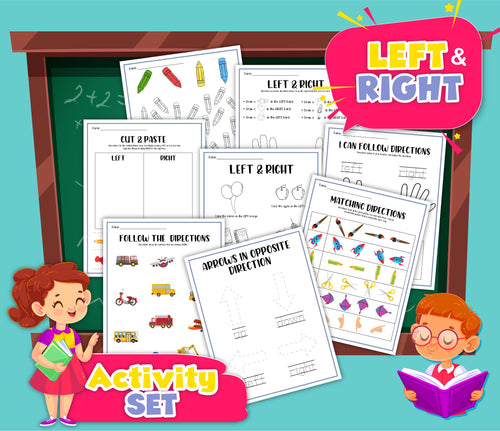 Introducing the Left and Right Activity Set by Wondermom Shop: a visually engaging collection of preschool worksheets designed to enhance directional awareness and left/right skills, featuring charming teacher and student illustrations on a chalkboard background.