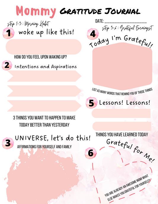The Mommy Gratitude Journal by Wondermom Printables is a pink-themed printable journal that includes sections for morning thoughts, intentions, gratitude, lessons learned, affirmations, and daily reflections to help cultivate gratitude.