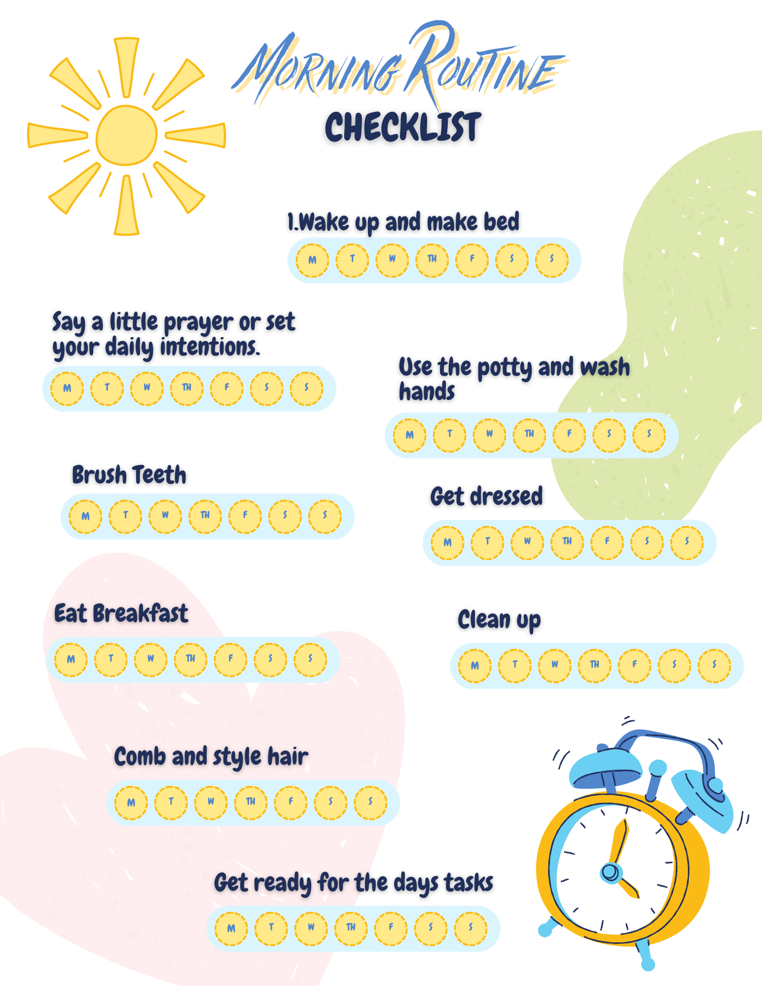 Illustration of a Morning Routine checklist with icons for waking up, making the bed, praying, using the bathroom, brushing teeth, getting dressed, eating breakfast, combing hair, and a clock by Wondermom Printables.