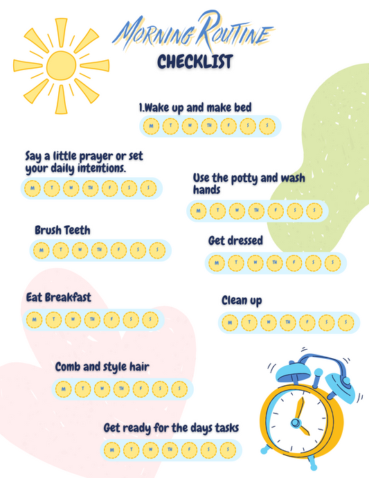 Illustration of a Morning Routine checklist with icons for waking up, making the bed, praying, using the bathroom, brushing teeth, getting dressed, eating breakfast, combing hair, and a clock by Wondermom Printables.