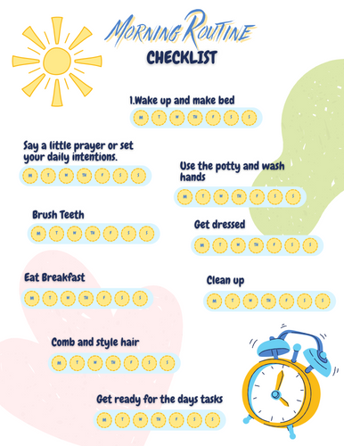 Illustration of a Morning Routine checklist with icons for waking up, making the bed, praying, using the bathroom, brushing teeth, getting dressed, eating breakfast, combing hair, and a clock by Wondermom Printables.