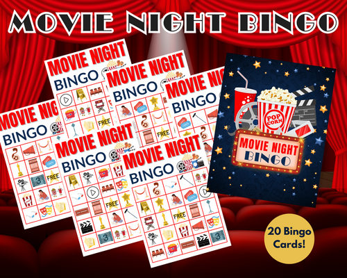 The VIP Vault Movie Night Bingo set is ideal for family movie nights, featuring 20 printable bingo cards with movie-themed icons, popcorn, and snacks against a theater curtain backdrop.