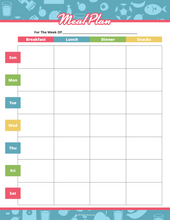 Load image into Gallery viewer, The Fitness Binder from Wondermom Shop includes a weekly meal plan template with color-coded sections for each day&#39;s meals—breakfast, lunch, dinner, and snacks—from Sunday to Saturday. It&#39;s the perfect companion to your workout trackers for a complete health plan.
