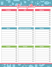 Load image into Gallery viewer, The Fitness Binder by Wondermom Shop offers a digital grocery list template with categories like Produce, Deli, Bakery, and more. Featuring checkboxes and blank lines for easy entry, it&#39;s ideal for meal prep when paired with your printable fitness planner.
