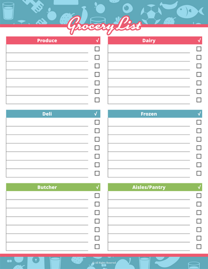 The Wondermom Shop Fitness Binder includes a blank grocery list template ideal for meal planning. It features six categories: Produce, Dairy, Deli, Frozen, Butcher, and Aisles/Pantry with checkboxes to ensure your binder stays organized and efficient.