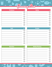 Load image into Gallery viewer, The Wondermom Shop Fitness Binder includes a blank grocery list template ideal for meal planning. It features six categories: Produce, Dairy, Deli, Frozen, Butcher, and Aisles/Pantry with checkboxes to ensure your binder stays organized and efficient.
