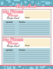 Load image into Gallery viewer, Two blank &quot;My Fitness Planner Recipe Card&quot; templates from Wondermom Shop integrate meal planning with workout trackers in your Fitness Binder, featuring sections for ingredients and directions surrounded by food and fitness gear icons.
