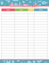 Load image into Gallery viewer, A blank &quot;Workout Music List&quot; table with columns for Artist, Song, Tempo, and Notes is set against a fruit, weights, and musical notes background—ideal for your Wondermom Shop Fitness Binder alongside workout trackers and meal planning sections.
