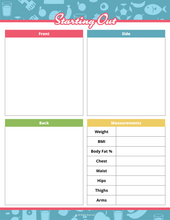 Load image into Gallery viewer, The &quot;Starting Out&quot; measurement chart in the Wondermom Shop&#39;s Fitness Binder integrates photo sections (front, side, back) and metrics like weight, BMI, and body fat %, making it essential for complementing workout trackers and meal planning.
