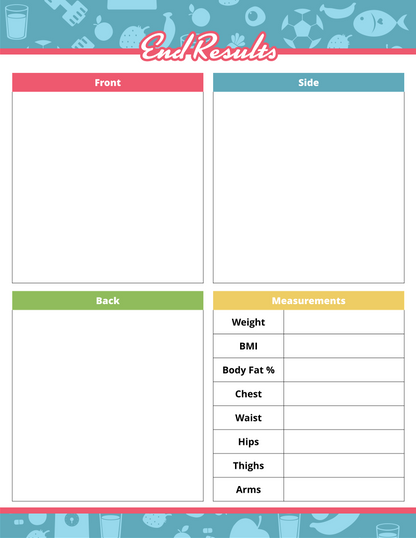 The Fitness Binder by Wondermom Shop features sections for photos from the front, side, and back, and a table to log measurements like Weight, BMI, Body Fat %, Chest, Waist, Hips, Thighs, and Arms—ideal for anyone using workout trackers on their health journey.