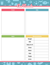 Load image into Gallery viewer, The Fitness Binder by Wondermom Shop features sections for photos from the front, side, and back, and a table to log measurements like Weight, BMI, Body Fat %, Chest, Waist, Hips, Thighs, and Arms—ideal for anyone using workout trackers on their health journey.
