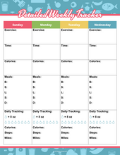 Load image into Gallery viewer, Check out Wondermom Shop&#39;s Fitness Binder, featuring a blank weekly tracker template for exercise, meals, time, calories, and water intake from Sunday to Wednesday—perfect for organizing your wellness journey!.
