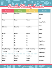 Load image into Gallery viewer, The Wondermom Shop&#39;s Fitness Binder offers a weekly meal planning tracker template with columns for exercise, meals, calories, and measurements from Thursday to Saturday. Track daily hydration and calories with a results section for monitoring wellness goals like weight and body measurements.
