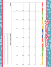 Load image into Gallery viewer, The Fitness Binder by Wondermom Shop includes a blank monthly workout calendar with a colorful border. It features labeled days and columns for &quot;Notes&quot; and &quot;Goals for This Month,&quot; seamlessly integrating with your meal planning and workout trackers.
