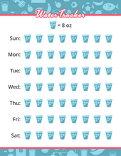 Load image into Gallery viewer, A digital weekly water tracker from Wondermom Shop&#39;s Fitness Binder, with seven rows for daily tracking. Each row has eight illustrated 8 oz cups, ideal for your fitness planner.
