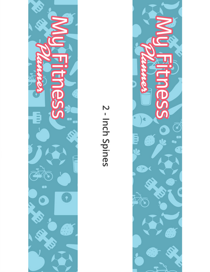 The two 2-inch spine designs for the Wondermom Shop's Fitness Binder showcase fitness icons on a blue background with red and white text, ideal for organizing meal planning and workout trackers to keep you motivated.