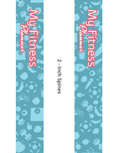 Load image into Gallery viewer, The two 2-inch spine designs for the Wondermom Shop&#39;s Fitness Binder showcase fitness icons on a blue background with red and white text, ideal for organizing meal planning and workout trackers to keep you motivated.
