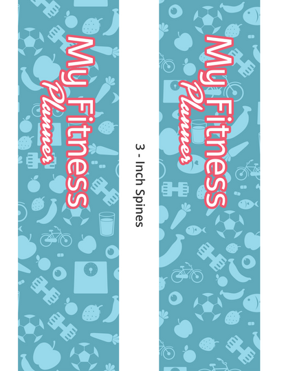 Two tall blue planner covers from Wondermom Shop, titled "Fitness Binder," feature red and white text with icons like burgers, dumbbells, and water bottles for meal planning. Labeled "3-Inch Spines," they are ideal for workout tracking.