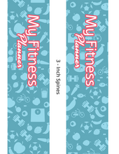 Load image into Gallery viewer, Two tall blue planner covers from Wondermom Shop, titled &quot;Fitness Binder,&quot; feature red and white text with icons like burgers, dumbbells, and water bottles for meal planning. Labeled &quot;3-Inch Spines,&quot; they are ideal for workout tracking.
