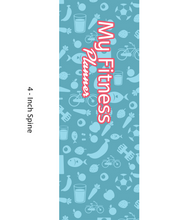 Load image into Gallery viewer, Wondermom Shop&#39;s &quot;Fitness Binder&quot; features a blue cover with icons of fruits, vegetables, dumbbells, and bicycles. It includes workout trackers and meal planning sections, has a labeled 4-inch spine, and is perfect for organizing your fitness binder.
