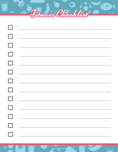 Load image into Gallery viewer, Essential for the Wondermom Shop Fitness Binder, this checklist template includes ten blank lines with checkboxes on a blue background adorned with fitness icons, perfect for pairing with workout trackers or meal plans to enhance organization and motivation.
