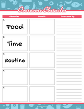 Load image into Gallery viewer, The &quot;Overcome Obstacles&quot; worksheet from Wondermom Shop&#39;s Fitness Binder includes sections for obstacles, benefits, strategies, and items like Food, Time, and Routine. Spaces for two more entries and strategies like workout trackers or meal planning make it a perfect addition!.
