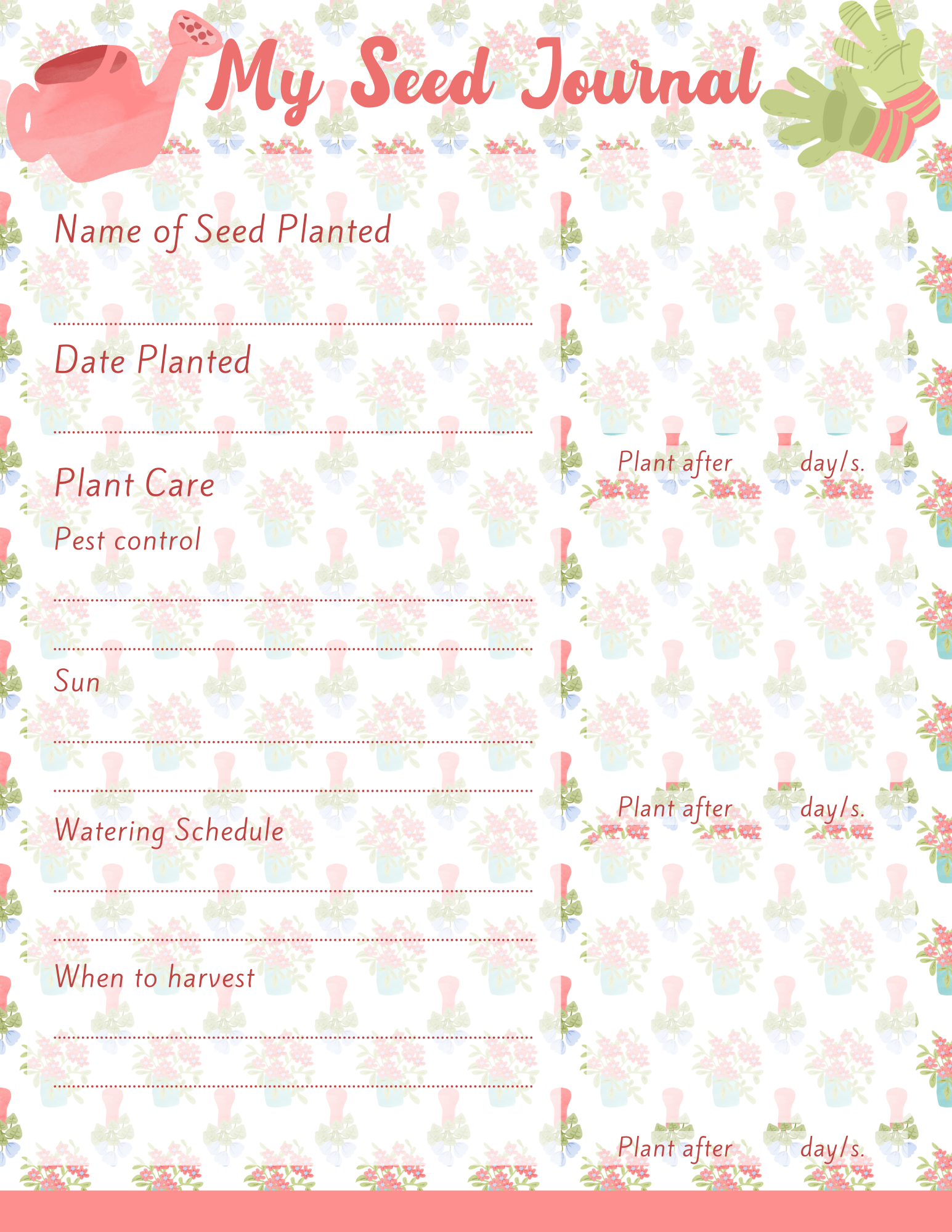 Track your garden progress with the "My Seed Journal" by Wondermom Printables! This journal template includes fields for the name of the seed, planting dates, plant care details, sun requirements, watering schedule, and harvest time. It features charming decorations with a pink watering can and green foliage.