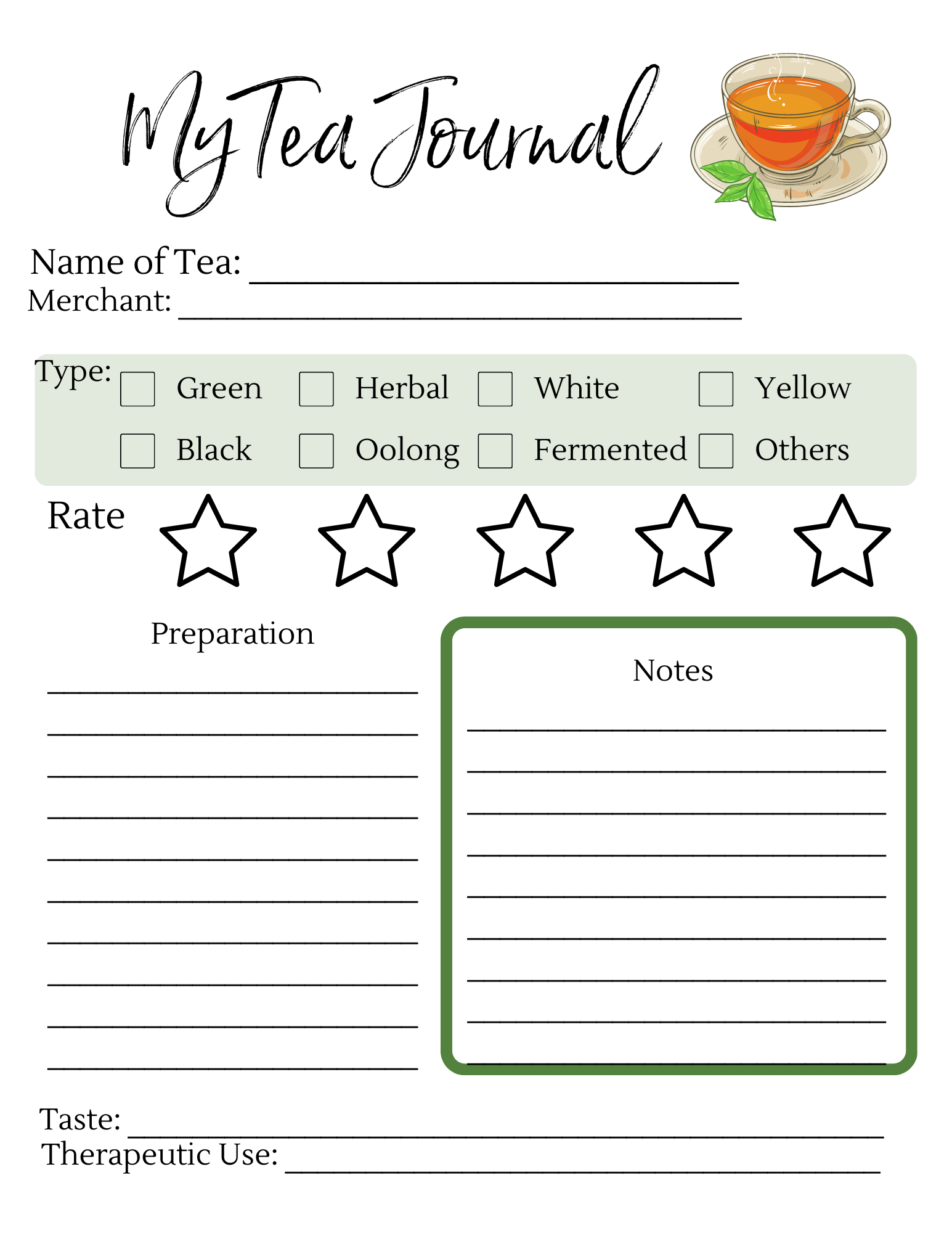 Introducing "My Tea Journal" by Wondermom Printables—your perfect tea companion! This journal template is designed to enhance your tea journey with dedicated sections for tea name, merchant, type, rating, preparation notes, taste profile, and therapeutic uses. With five-star ratings and coverage of various tea types such as green, herbal, and black teas, this printable page is ideal for documenting all your tea experiences.