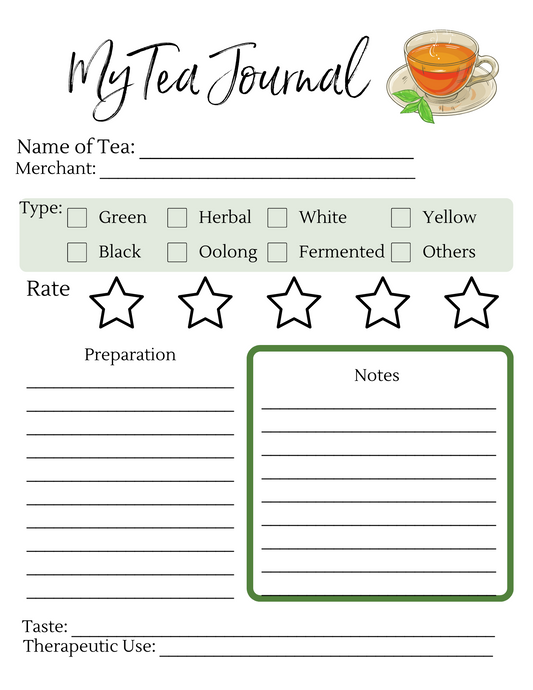 Introducing "My Tea Journal" by Wondermom Printables—your perfect tea companion! This journal template is designed to enhance your tea journey with dedicated sections for tea name, merchant, type, rating, preparation notes, taste profile, and therapeutic uses. With five-star ratings and coverage of various tea types such as green, herbal, and black teas, this printable page is ideal for documenting all your tea experiences.