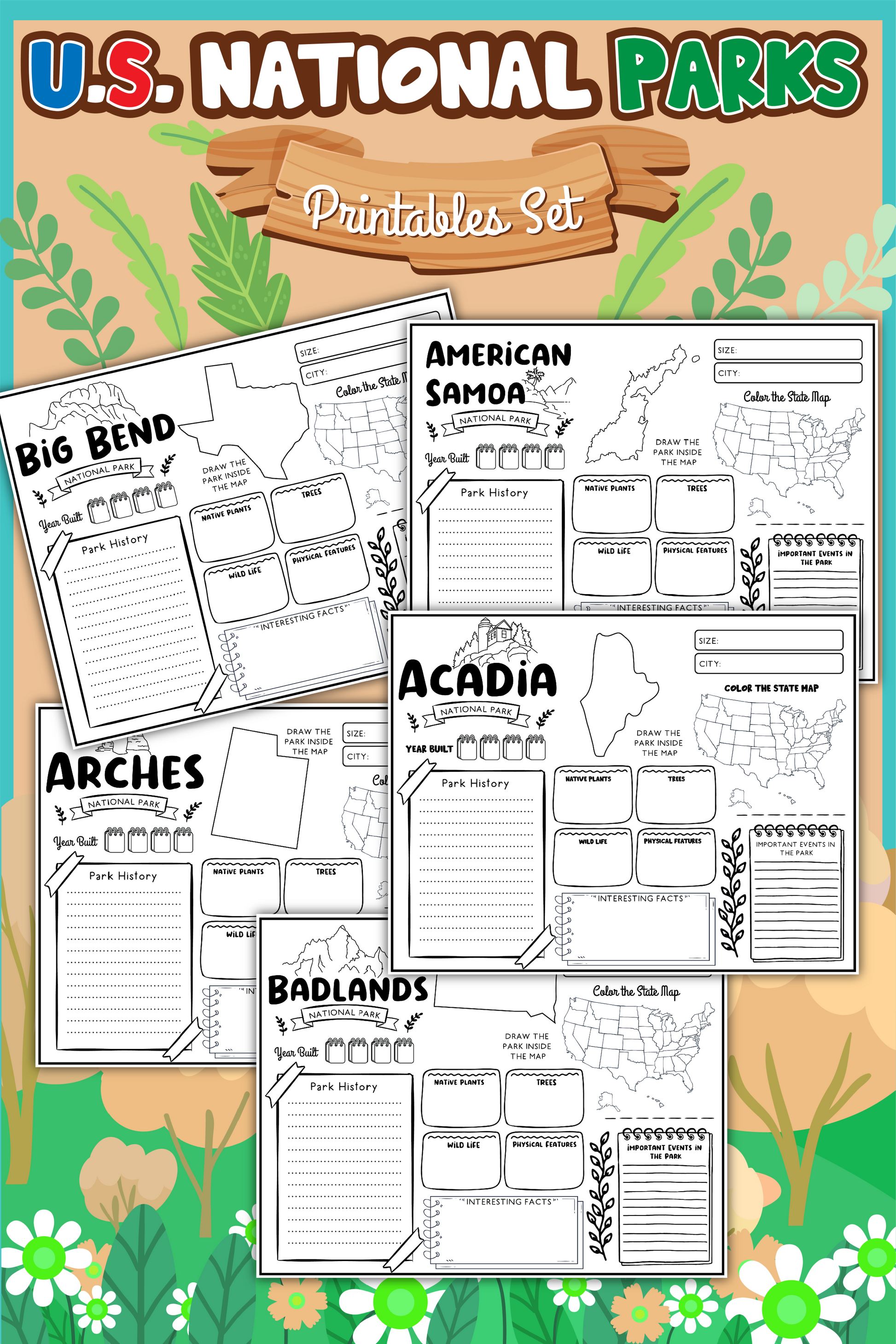 Introducing the "National Parks Adventure Activity Set" for young explorers! This downloadable collection from Wondermom Shop features five national parks: Big Bend, American Samoa, Acadia, Arches, and Badlands. Each worksheet includes sections on history and state map coloring to ignite curiosity.