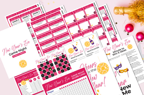 Celebrate the New Year with Wondermom Shop's New Year's Eve Game Night Kit. This festive set includes printable party games such as scorecards, word scramble, and mask cutouts, all designed in a cheerful pink and gold theme.